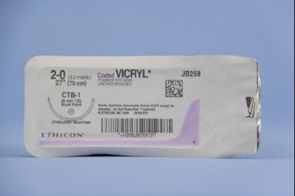Picture of Suture with Needle Coated Vicryl™ Absorbable Coated Undyed Suture Braided Polyglactin 910 Size 2 - 0 27 Inch Suture 1-Needle 36.4 mm Length 1/2 Circle Blunt Point NeedleJB259
