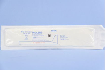 Picture of Suture with Needle Prolene™ Nonabsorbable Uncoated Blue Suture Monofilament Polypropylene Suture Size 6 - 0 18 Inch Suture Double-Armed 9.3 mm Length 3/8 Circle Taper Point NeedleM8806
