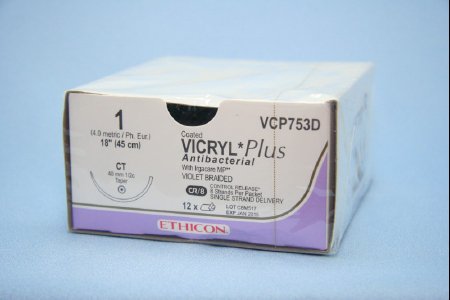 Picture of Antibacterial Suture with Needle Coated Vicryl™ Plus Absorbable Coated Violet Suture Braided Polyglactin 910 with Irgacare MP Antibacterial Suture Size 1 18 Inch Suture 1-Needle 40 mm Length 1/2 Circle Taper Point NeedleVCP753D