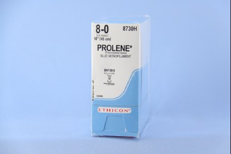 Picture of Suture with Needle Prolene™ Nonabsorbable Uncoated Blue Suture Monofilament Polypropylene Suture Size 8 - 0 18 Inch Suture Double-Armed 6.5 mm Length 3/8 Circle Taper Point Needle8730H