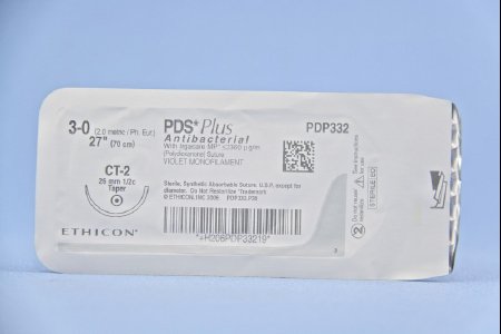 Picture of Antibacterial Suture with Needle PDS Plus™ Absorbable Uncoated Violet Suture Monofilament Polydioxanone with Irgacare MP Antibacterial Suture Size 3 - 0 27 Inch Suture 1-Needle 26 mm Length 1/2 Circle Taper Point NeedlePDP332H