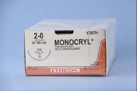 Picture of Suture with Needle Monocryl™ Absorbable Uncoated Violet Suture Monofilament Poliglecaprone Size 2 - 0 36 Inch Suture 1-Needle 48 mm Length 1/2 Circle Taper Point NeedleY397H