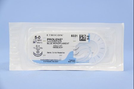 Picture of Suture with Needle Prolene™ Nonabsorbable Uncoated Blue Suture Monofilament Polypropylene Suture Size 5 - 0 36 Inch Suture Double-Armed 12 mm Length 3/8 Circle Taper Point Needle8321H