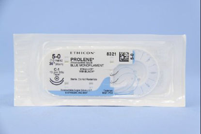 Picture of Suture with Needle Prolene™ Nonabsorbable Uncoated Blue Suture Monofilament Polypropylene Suture Size 5 - 0 36 Inch Suture Double-Armed 12 mm Length 3/8 Circle Taper Point Needle8321H