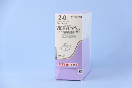 Picture of Antibacterial Suture with Needle Coated Vicryl™ Plus Absorbable Coated Violet Suture Braided Polyglactin 910 with Irgacare MP Antibacterial Suture Size 2 - 0 36 Inch Suture 1-Needle 36 mm Length 1/2 Circle Reverse Cutting NeedleVCP472H