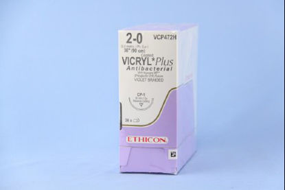 Picture of Antibacterial Suture with Needle Coated Vicryl™ Plus Absorbable Coated Violet Suture Braided Polyglactin 910 with Irgacare MP Antibacterial Suture Size 2 - 0 36 Inch Suture 1-Needle 36 mm Length 1/2 Circle Reverse Cutting NeedleVCP472H