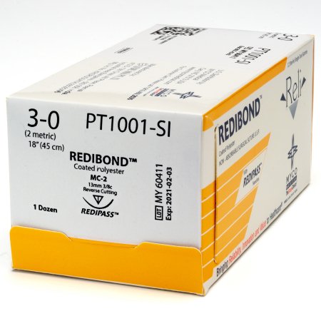 Picture of Suture with Needle Reli® Nonabsorbable Uncoated Green Suture Braided Polyester Size 3 - 0 18 Inch Suture 1-Needle 13 mm Length 3/8 Circle Reverse Cutting Needle with Precision PointPT1001-M