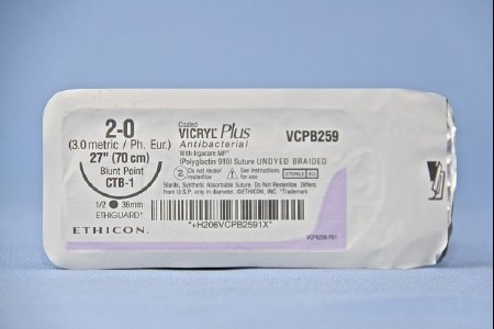 Picture of Antibacterial Suture with Needle Coated Vicryl™ Plus Absorbable Coated Undyed Suture Braided Polyglactin 910 with Irgacare MP Antibacterial Suture Size 2 - 0 27 Inch Suture 1-Needle 36.4 mm Length 1/2 Circle Blunt Point NeedleVCPB259H