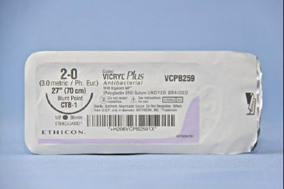 Picture of Antibacterial Suture with Needle Coated Vicryl™ Plus Absorbable Coated Undyed Suture Braided Polyglactin 910 with Irgacare MP Antibacterial Suture Size 2 - 0 27 Inch Suture 1-Needle 36.4 mm Length 1/2 Circle Blunt Point NeedleVCPB259H