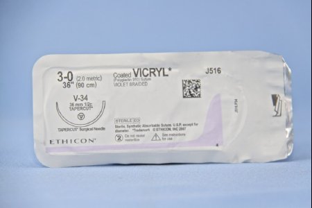 Picture of Suture with Needle Coated Vicryl™ Absorbable Coated Violet Suture Braided Polyglactin 910 Size 3 - 0 36 Inch Suture 1-Needle 36.4 mm Length 1/2 Circle Taper Point Cutting NeedleJ516H