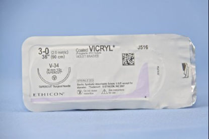 Picture of Suture with Needle Coated Vicryl™ Absorbable Coated Violet Suture Braided Polyglactin 910 Size 3 - 0 36 Inch Suture 1-Needle 36.4 mm Length 1/2 Circle Taper Point Cutting NeedleJ516H