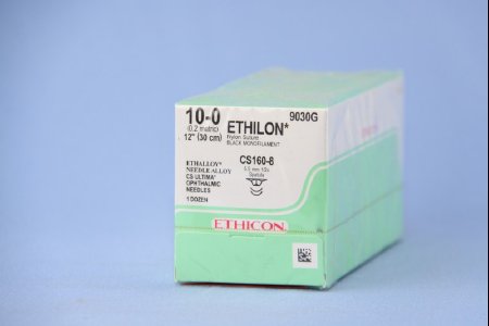 Picture of Suture with Needle Ethilon™ Nonabsorbable Uncoated Black Suture Monofilament Nylon Size 10 - 0 12 Inch Suture Double-Armed 5.5 mm Length 1/2 Circle Spatula Needle9030G