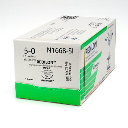 Picture of Suture with Needle Reli® Redilon™ Nonabsorbable Uncoated Black Suture Monofilament Nylon Size 5 - 0 18 Inch Suture 1-Needle 16 mm Length 3/8 Circle Conventional Cutting NeedleN1668-M