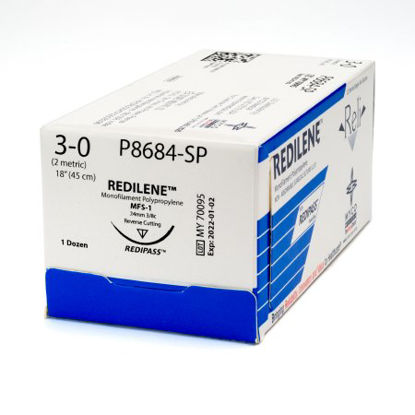 Picture of Suture with Needle Reli® Redilene™ Nonabsorbable Uncoated Blue Suture Monofilament Polypropylene Suture Size 3 - 0 18 Inch Suture 1-Needle 24 mm Length 3/8 Circle Reverse Cutting NeedleP8684-M