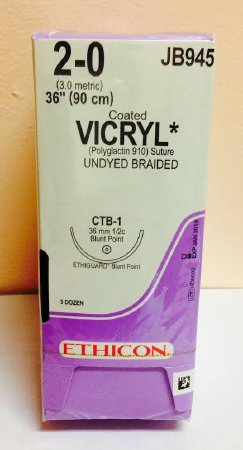 Picture of Suture with Needle Coated Vicryl™ Absorbable Coated Undyed Suture Braided Polyglactin 910 Size 2 - 0 36 Inch Suture 1-Needle 36.4 mm Length 1/2 Circle Blunt Point NeedleJB945