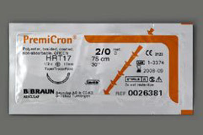 Picture of Suture with Needle PremiCron® Nonabsorbable Coated Green Suture Braided Polyester Size 1 75 cm Suture 1-Needle 37 mm Length 1/2 Circle Round Bodied Needle with Taper PointC0026068