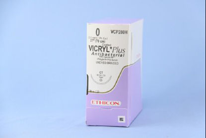 Picture of Antibacterial Suture with Needle Coated Vicryl™ Plus Absorbable Coated Undyed Suture Braided Polyglactin 910 with Irgacare MP Antibacterial Suture Size 0 27 Inch Suture 1-Needle 40 mm Length 1/2 Circle Taper Point NeedleVCP280H