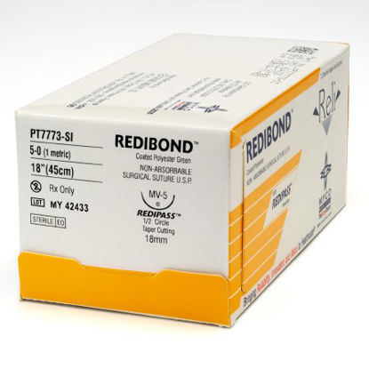 Picture of Suture with Needle Reli® Nonabsorbable Uncoated Green Suture Braided Polyester Size 5 - 0 18 Inch Suture 1-Needle 18 mm Length 1/2 Circle Taper Cut NeedlePT7773-M