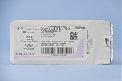 Picture of Antibacterial Suture with Needle Coated Vicryl™ Plus Absorbable Coated Undyed Suture Braided Polyglactin 910 with Irgacare MP Antibacterial Suture Size 5 - 0 18 Inch Suture 1-Needle 13 mm Length 3/8 Circle Precision Cosmetic - Conventional Cutting PRIME NeedleVCP834G
