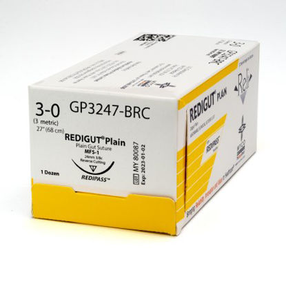 Picture of Suture with Needle Reli® Absorbable Uncoated Undyed Suture Plain Gut Size 3 - 0 27 Inch Suture 1-Needle 24 mm Length 3/8 Circle Reverse Cutting NeedleGP3247-M