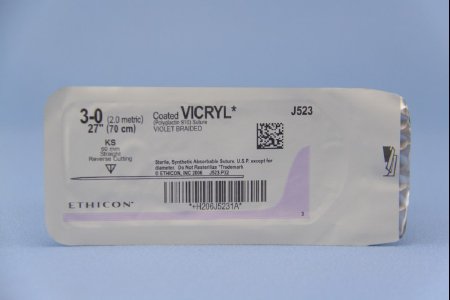 Picture of Suture with Needle Coated Vicryl™ Absorbable Coated Violet Suture Braided Polyglactin 910 Size 3 - 0 27 Inch Suture 1-Needle 60 mm Length Straight Conventional Cutting NeedleJ523H