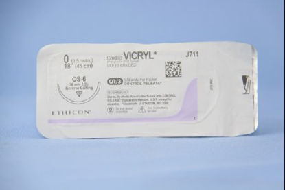Picture of Suture with Needle Coated Vicryl™ Absorbable Coated Violet Suture Braided Polyglactin 910 Size 0 18 Inch Suture 1-Needle 36.4 mm Length 1/2 Circle Reverse Cutting NeedleJ711T