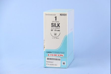 Picture of Suture with Needle Perma-Hand™ Nonabsorbable Coated Black Suture Braided Silk Size 1 30 Inch Suture 1-Needle 36.4 mm Length 1/2 Circle Taper Point NeedleK845H