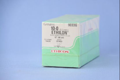 Picture of Suture with Needle Ethilon™ Nonabsorbable Uncoated Black Suture Monofilament Nylon Size 10 - 0 12 Inch Suture Double-Armed 6.5 mm Length 3/8 Circle Spatula Needle9033G