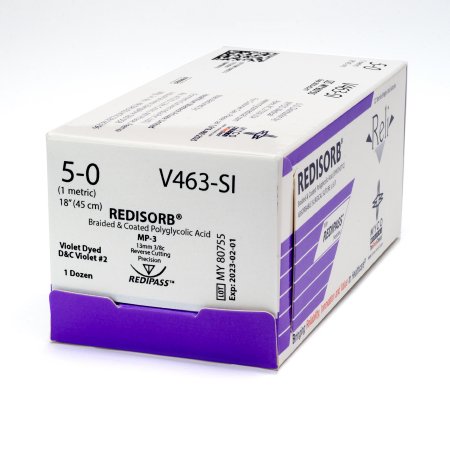 Picture of Suture with Needle Reli® Redisorb™ Absorbable Coated Violet Suture Braided Polyglycolic Acid Suture Size 5 - 0 18 Inch Suture 1-Needle 13 mm Length 3/8 Circle Reverse Cutting Needle with Precision PointV463-M