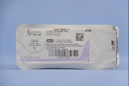 Picture of Suture with Needle Coated Vicryl™ Absorbable Coated Undyed Suture Braided Polyglactin 910 Size 0 18 Inch Suture 1-Needle 40 mm Length 1/2 Circle Reverse Cutting NeedleJ756T