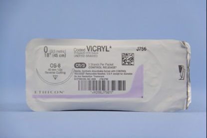 Picture of Suture with Needle Coated Vicryl™ Absorbable Coated Undyed Suture Braided Polyglactin 910 Size 0 18 Inch Suture 1-Needle 40 mm Length 1/2 Circle Reverse Cutting NeedleJ756T