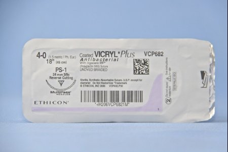 Picture of Antibacterial Suture with Needle Coated Vicryl™ Plus Absorbable Coated Undyed Suture Braided Polyglactin 910 with Irgacare MP Antibacterial Suture Size 4 - 0 18 Inch Suture 1-Needle 24 mm Length 3/8 Circle Precision Point - Reverse Cutting NeedleVCP682H