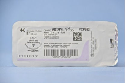 Picture of Antibacterial Suture with Needle Coated Vicryl™ Plus Absorbable Coated Undyed Suture Braided Polyglactin 910 with Irgacare MP Antibacterial Suture Size 4 - 0 18 Inch Suture 1-Needle 24 mm Length 3/8 Circle Precision Point - Reverse Cutting NeedleVCP682H