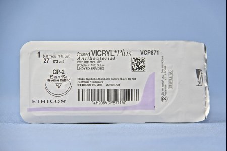 Picture of Antibacterial Suture with Needle Coated Vicryl™ Plus Absorbable Coated Undyed Suture Braided Polyglactin 910 with Irgacare MP Antibacterial Suture Size 1 27 Inch Suture 1-Needle 26 mm Length 1/2 Circle Reverse Cutting NeedleVCP871H