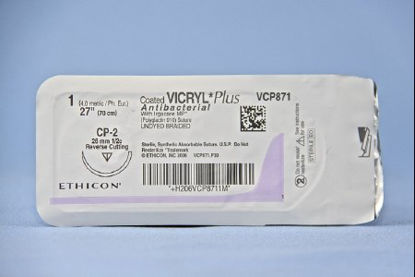 Picture of Antibacterial Suture with Needle Coated Vicryl™ Plus Absorbable Coated Undyed Suture Braided Polyglactin 910 with Irgacare MP Antibacterial Suture Size 1 27 Inch Suture 1-Needle 26 mm Length 1/2 Circle Reverse Cutting NeedleVCP871H
