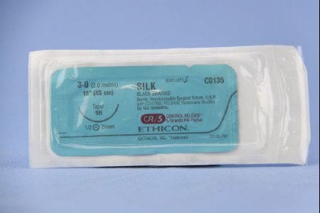 Picture of Suture with Needle Perma-Hand™ Nonabsorbable Coated Black Suture Braided Silk Size 3 - 0 18 Inch Suture 1-Needle 26 mm Length 1/2 Circle Taper Point NeedleC0135