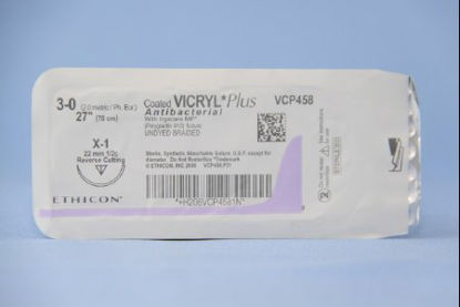 Picture of Antibacterial Suture with Needle Coated Vicryl™ Plus Absorbable Coated Undyed Suture Braided Polyglactin 910 with Irgacare MP Antibacterial Suture Size 2 - 0 27 Inch Suture 1-Needle 22 mm Length 1/2 Circle Reverse Cutting NeedleVCP459H