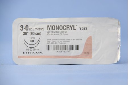 Picture of Suture with Needle Monocryl™ Absorbable Uncoated Violet Suture Monofilament Poliglecaprone Size 3 - 0 36 Inch Suture Double-Armed 26 mm Length 1/2 Circle Taper Point NeedleY527H