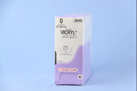 Picture of Suture with Needle Coated Vicryl™ Absorbable Coated Undyed Suture Braided Polyglactin 910 Size 0 36 Inch Suture 1-Needle 36.4 mm Length 1/2 Circle Blunt Point NeedleJB946