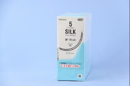 Picture of Suture with Needle Perma-Hand™ Nonabsorbable Coated Black Suture Braided Silk Size 5 30 Inch Suture Double-Armed 75 mm Length 3/8 Circle Reverse Cutting Needle485T