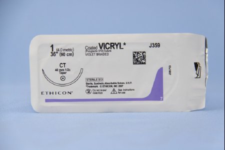 Picture of Suture with Needle Coated Vicryl™ Absorbable Coated Violet Suture Braided Polyglactin 910 Size 1 36 Inch Suture 1-Needle 40 mm Length 1/2 Circle Taper Point NeedleJ359H