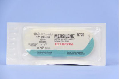 Picture of Suture with Needle Mersilene™ Nonabsorbable Uncoated Green Suture Braided Polyester Size 10 - 0 12 Inch Suture Double-Armed 6.5 mm Length 3/8 Circle Spatula NeedleR770G