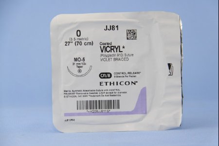 Picture of Suture with Needle Coated Vicryl™ Absorbable Coated Violet Suture Braided Polyglactin 910 Size 0 27 Inch Suture 1-Needle 31 mm Length 1/2 Circle Taper Point NeedleJJ81G