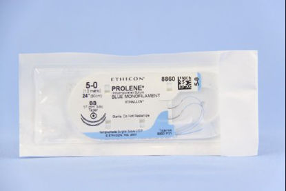 Picture of Suture with Needle Prolene™ Nonabsorbable Uncoated Blue Suture Monofilament Polypropylene Suture Size 5 - 0 24 Inch Suture Double-Armed 17 mm Length 3/8 Circle Taper Point Needle8860H