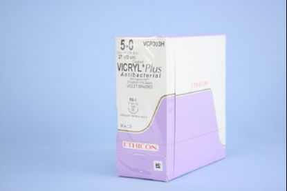 Picture of Antibacterial Suture with Needle Coated Vicryl™ Plus Absorbable Coated Violet Suture Braided Polyglactin 910 with Irgacare MP Antibacterial Suture Size 5 - 0 27 Inch Suture 1-Needle 17 mm Length 1/2 Circle Taper Point NeedleVCP303H