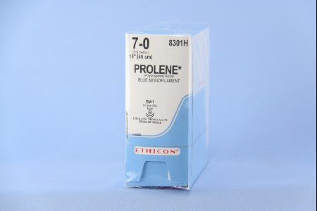 Picture of Suture with Needle Prolene™ Nonabsorbable Uncoated Blue Suture Monofilament Polypropylene Suture Size 7 - 0 18 Inch Suture Double-Armed 9.3 mm Length 3/8 Circle Taper Point Needle8301H