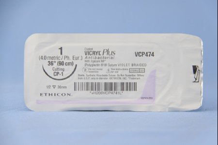Picture of Antibacterial Suture with Needle Coated Vicryl™ Plus Absorbable Coated Violet Suture Braided Polyglactin 910 with Irgacare MP Antibacterial Suture Size 1 36 Inch Suture 1-Needle 36 mm Length 1/2 Circle Reverse Cutting NeedleVCP474H