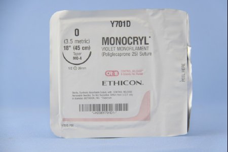 Picture of Suture with Needle Monocryl™ Absorbable Uncoated Violet Suture Monofilament Poliglecaprone Size 0 18 Inch Suture 1-Needle 36.4 mm Length 1/2 Circle Taper Point NeedleY701D