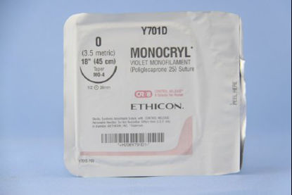 Picture of Suture with Needle Monocryl™ Absorbable Uncoated Violet Suture Monofilament Poliglecaprone Size 0 18 Inch Suture 1-Needle 36.4 mm Length 1/2 Circle Taper Point NeedleY701D