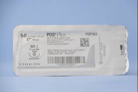 Picture of Antibacterial Suture with Needle PDS Plus™ Absorbable Uncoated Violet Suture Monofilament Polydioxanone with Irgacare MP Antibacterial Suture Size 5 - 0 27 Inch Suture 1-Needle 17 mm Length 1/2 Circle Taper Point NeedlePDP303H